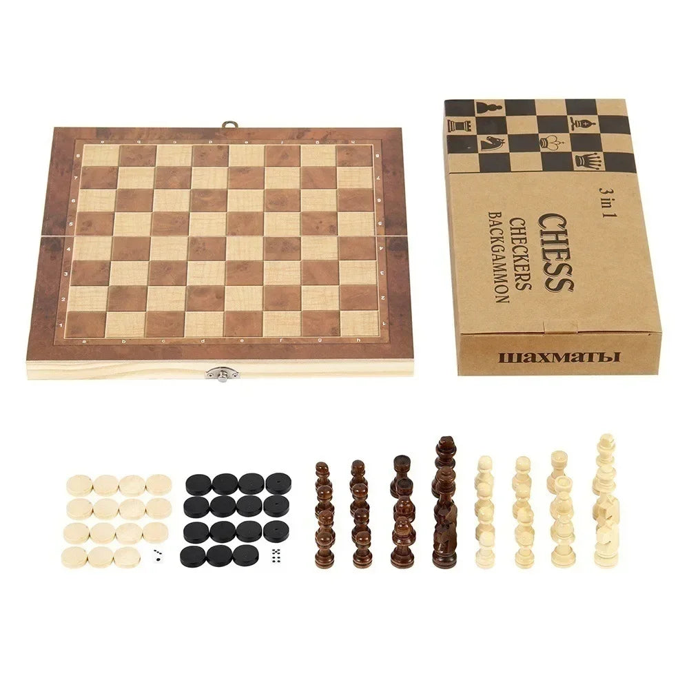 3in 1 Portable Travel Chess Checker Backgammon, Folding Storage Wooden Chess Set, International Checkers Board Game Kids Adults