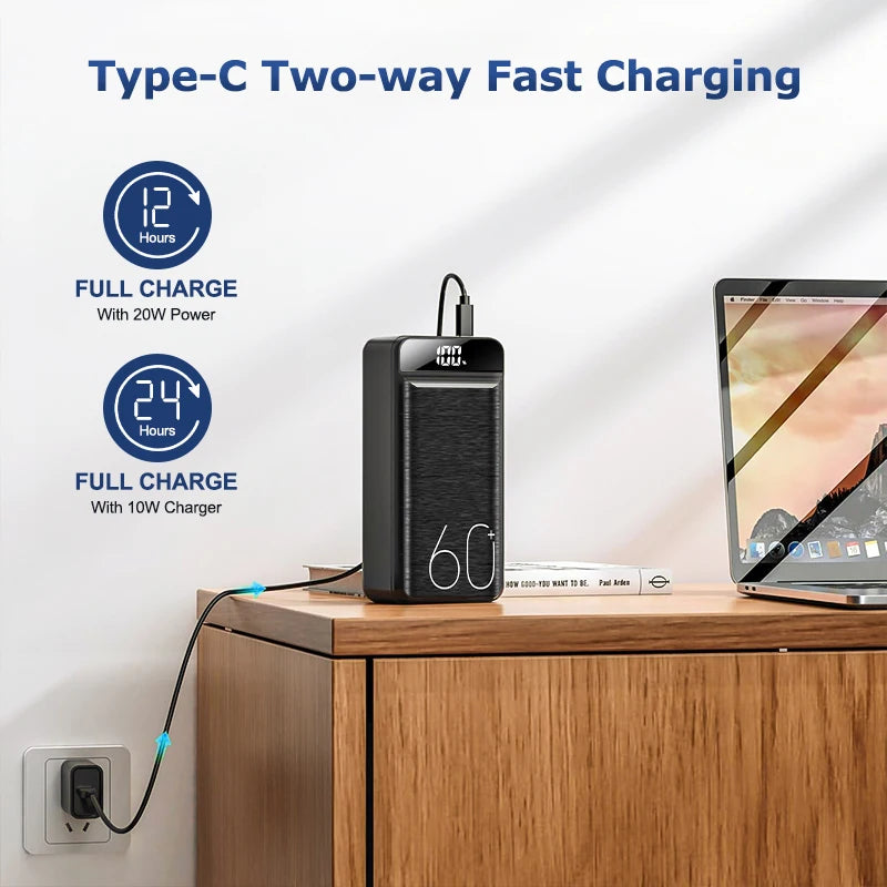 hganus Power Bank 60000mAh | QC PD3.0 22.5W | 4 Puertos | Linterna LED | Pantalla Digital | iPad, iPhone y Xiaomi