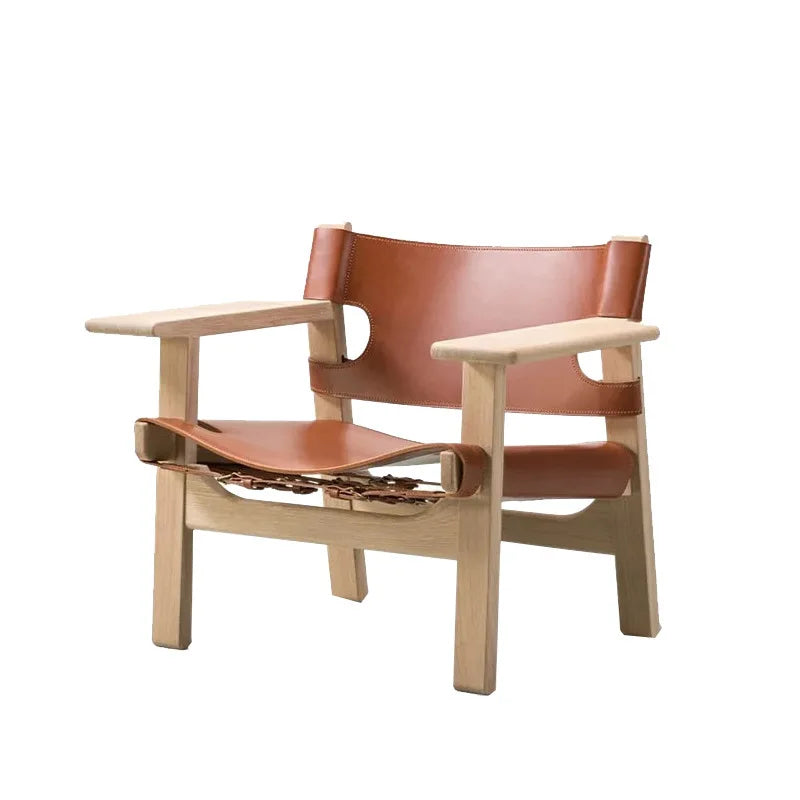 Nordic Solid Wood Living Room Chair Spanish Designer Saddle Leather Hunting Chair Living Room Furniture Balcony Leisure Chairs