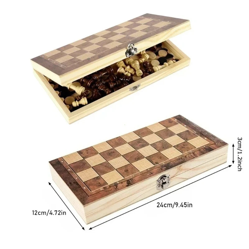 3in 1 Portable Travel Chess Checker Backgammon, Folding Storage Wooden Chess Set, International Checkers Board Game Kids Adults