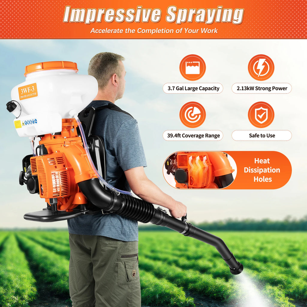 Backpack Sprayer 3.7Gal Large Capacity Agricultural Mist Duster Sprayer Gas Powered 2-stroke Motor 41.5CC Spraying Machine