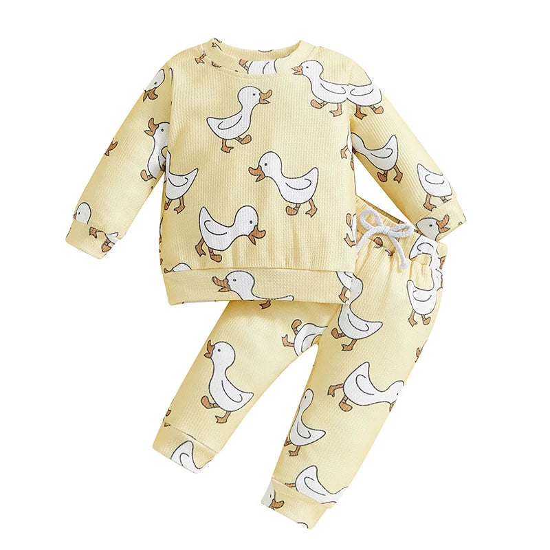 Cute Toddler Unisex Autumn Apparel Set with Adorable Duck Pattern Sweatshirt and Cozy Waffle Texture Pants for Boys and Girls