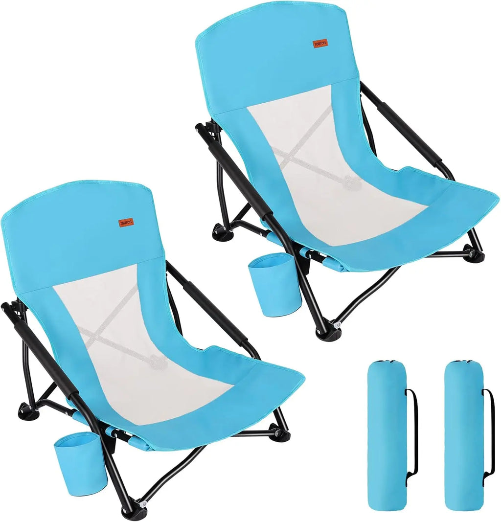 Low Profile Folding Beach Chair for Adults, 2 Pack with Cup Holder & Carry Bag, Heavy Duty for Outdoor Sand, Camping, Concert