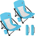 Low Profile Folding Beach Chair for Adults, 2 Pack with Cup Holder & Carry Bag, Heavy Duty for Outdoor Sand, Camping, Concert