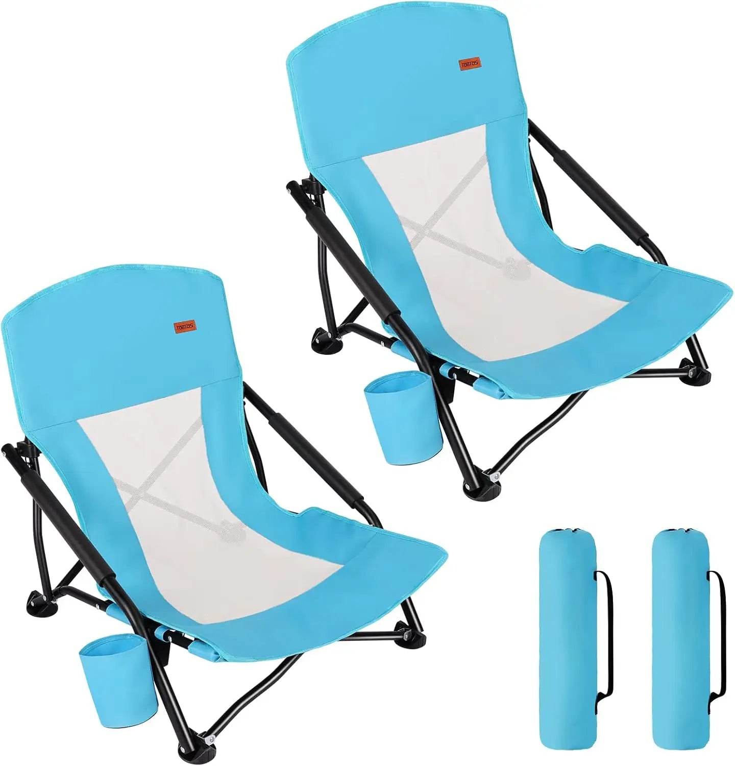 Low Profile Folding Beach Chair for Adults, 2 Pack with Cup Holder & Carry Bag, Heavy Duty for Outdoor Sand, Camping, Concert