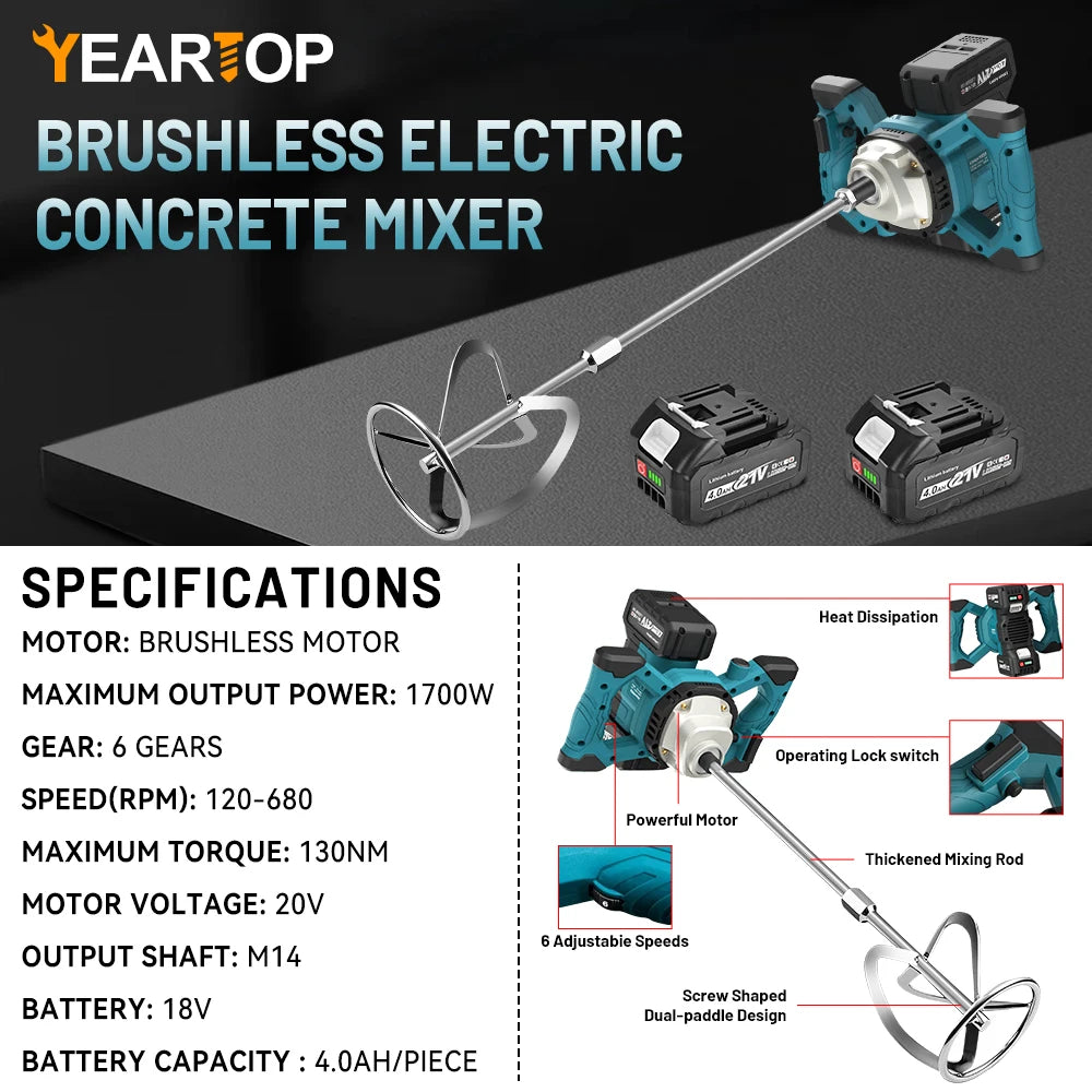 6 Speed Brushless Electric Concrete Mixer Paddle Mix Cordless Cement Mortar Plaster Blender Paint Mix Rod For makita 18v battery