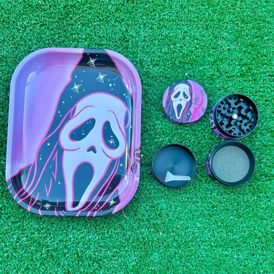 2 Pieces Spooky Ghost Halloween Rolling Tray Herb Grinder Kit Tobacco Smoke Accessories