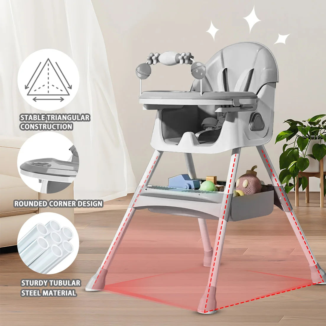 Silla Alta Plegable para Bebé E500 | Almohadilla Antideslizante y Porta Juguetes