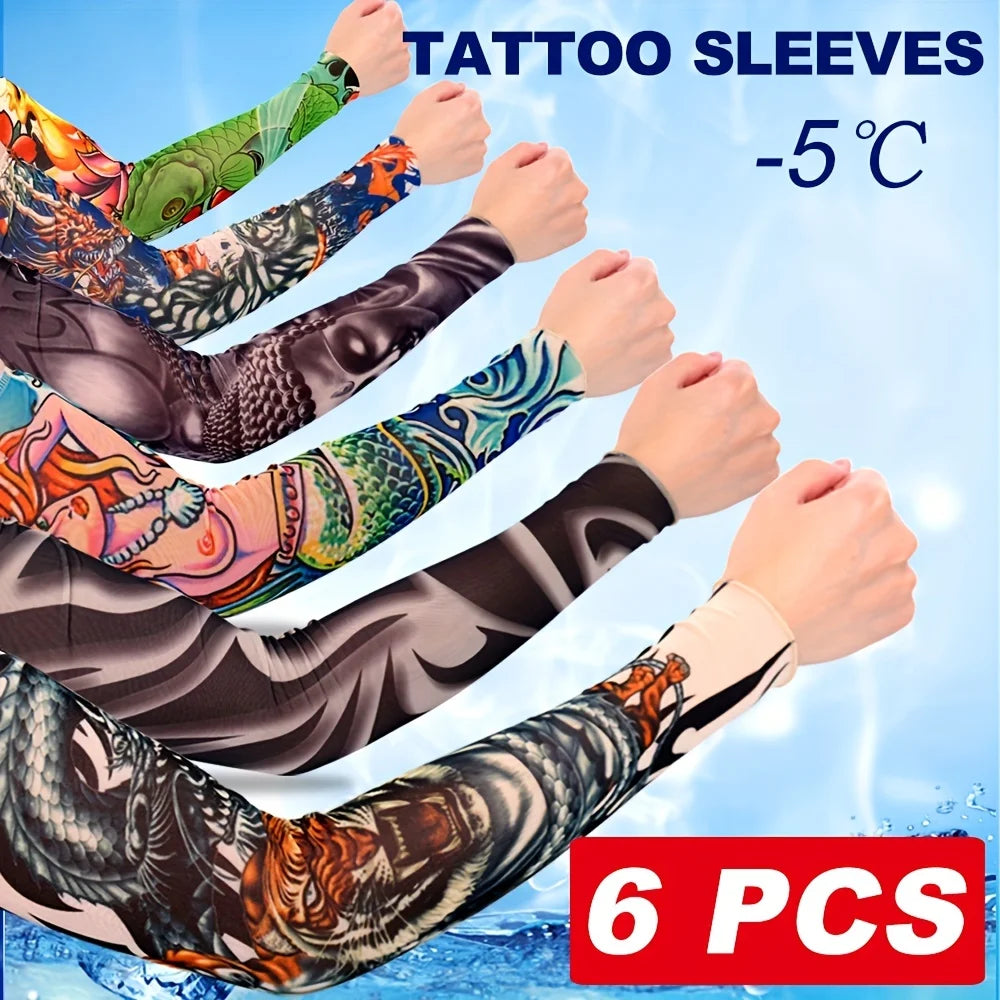 6Pcs Summer Thin Ice Slide Fiber Tattoo Arm Sleeve - Unisex Wear Resistant Cooling Arm Guard