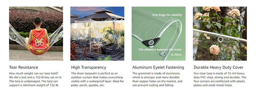 Clear Tarps Heavy Duty PVC, Transparent Tarp Durable Waterproof Dustproof Windproof Tarpaulin with Grommets & Ropes for Patio