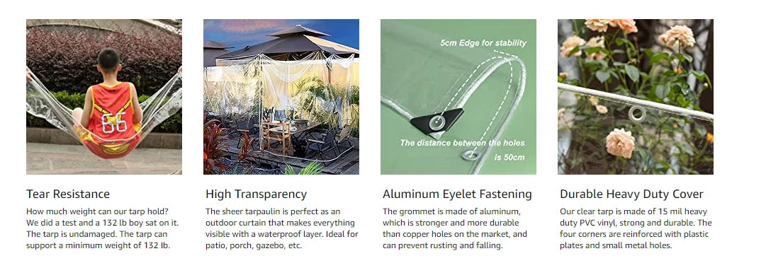 Clear Tarps Heavy Duty PVC, Transparent Tarp Durable Waterproof Dustproof Windproof Tarpaulin with Grommets & Ropes for Patio