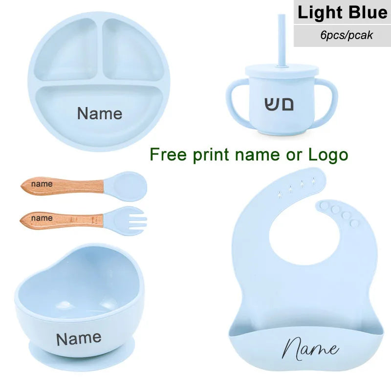Set 6pcs Vajilla de Silicona para Bebé | Bol, Plato, Cuchara, Tenedor, Babero y Vaso 🍼
