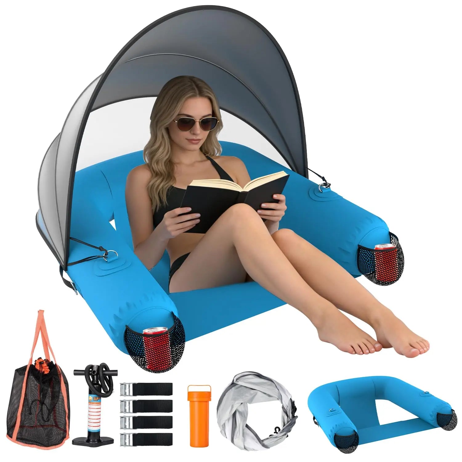 Adult Inflatable Pool Floats Chair with UPF50+ & Vented Canopy, 2 Drink Holders, Deepened Seat, Adjustable Sun, Customized