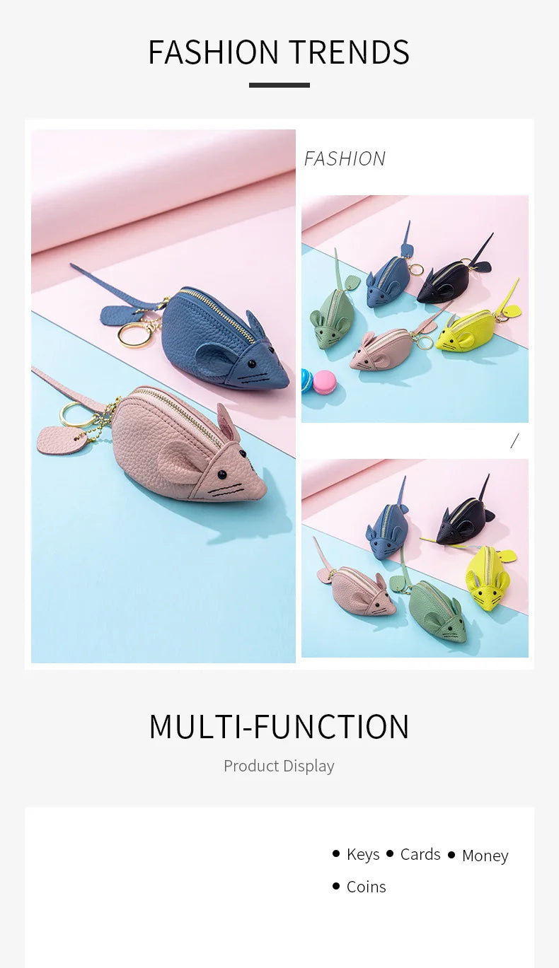 A8077 Cute Animal Design Lady Lipstick Bag Fashion Key Case Wallet Full Grain Cow Leather Vivid Lovely Mini Mouse Shape Purse