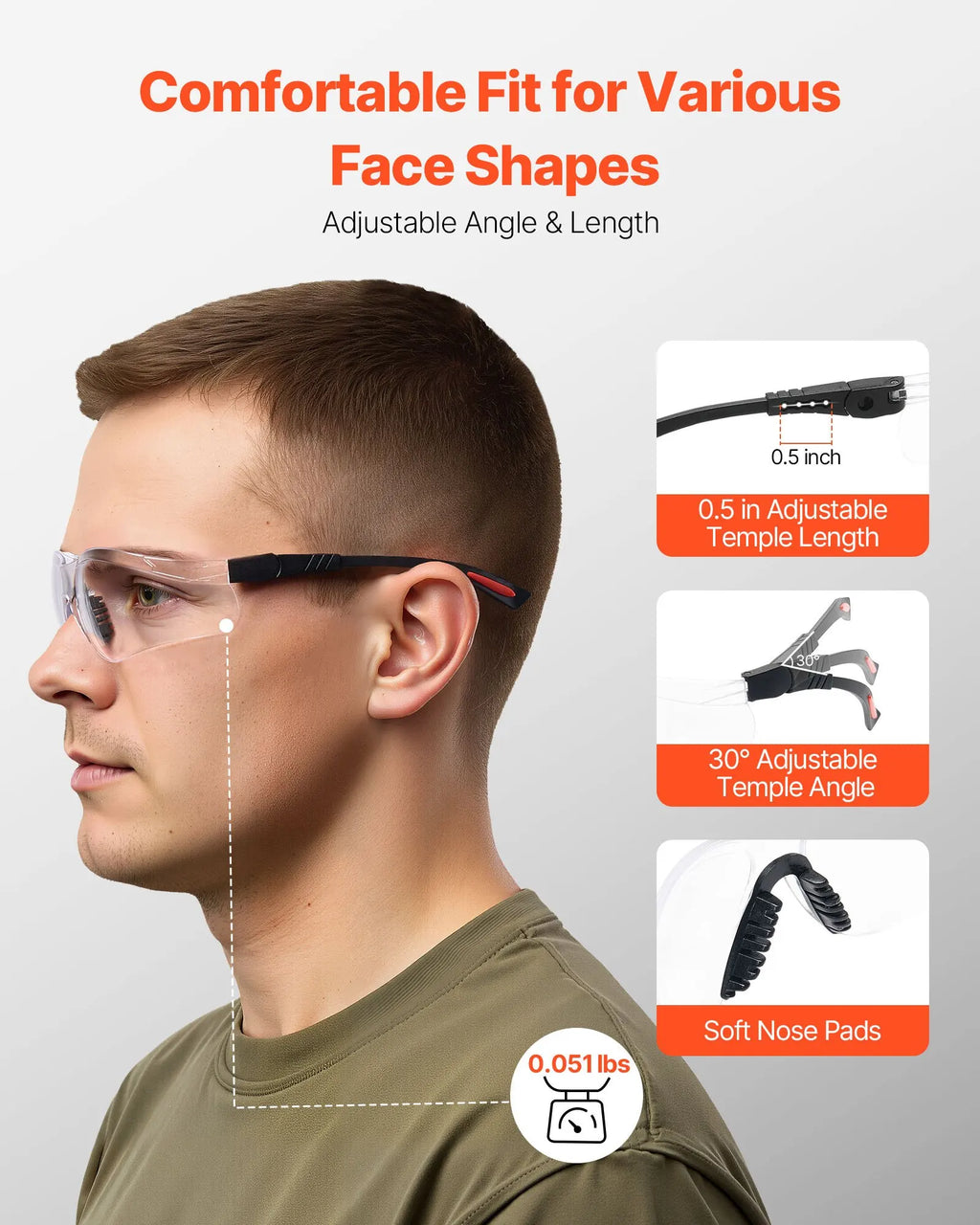 Safety Glasses, Anti-Fog And Scratch-Resistant Clear Lens, Safety Goggles With Adjustable Length And Angle, ANSI Z87.1+