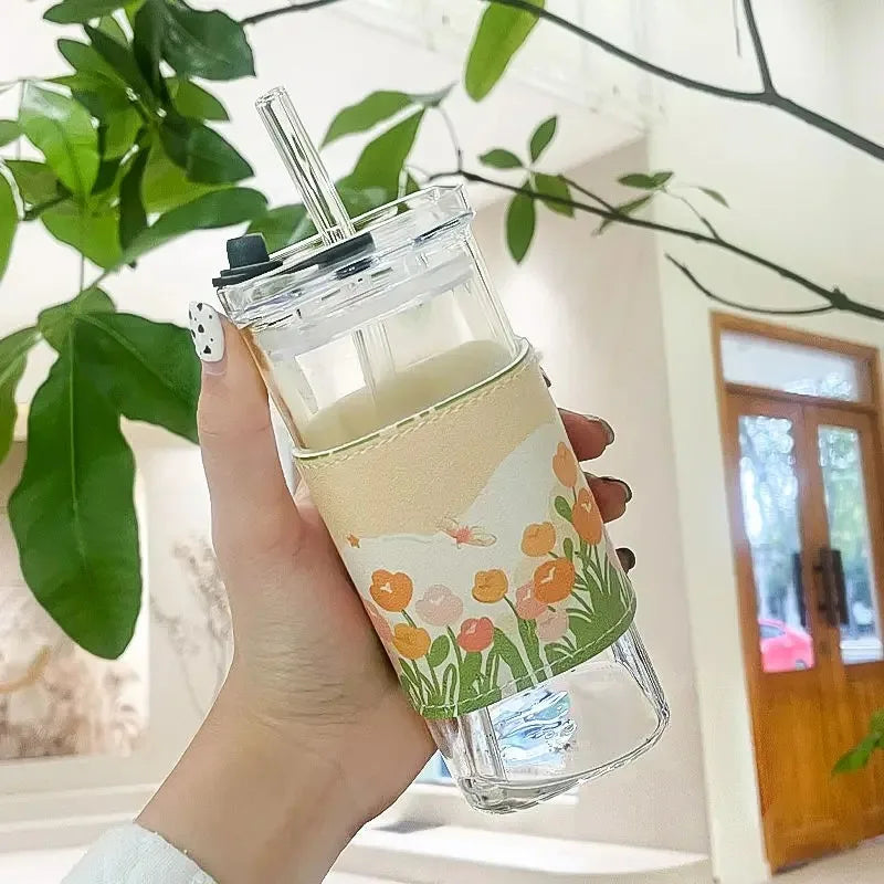 Vaso de Vidrio Cuadrado con Tapa y Pitillo | Resistente al Calor | Café y Té ☕ - Firu Total Sales