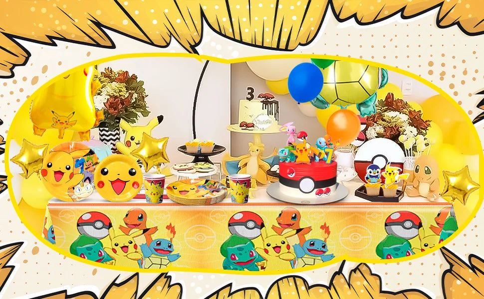 Pokemon Party Tableware,114 Pcs Pokemon Birthday Party Decorations- Pikachu Tablecloth Banner Plates etc Pokemon Party Supplies