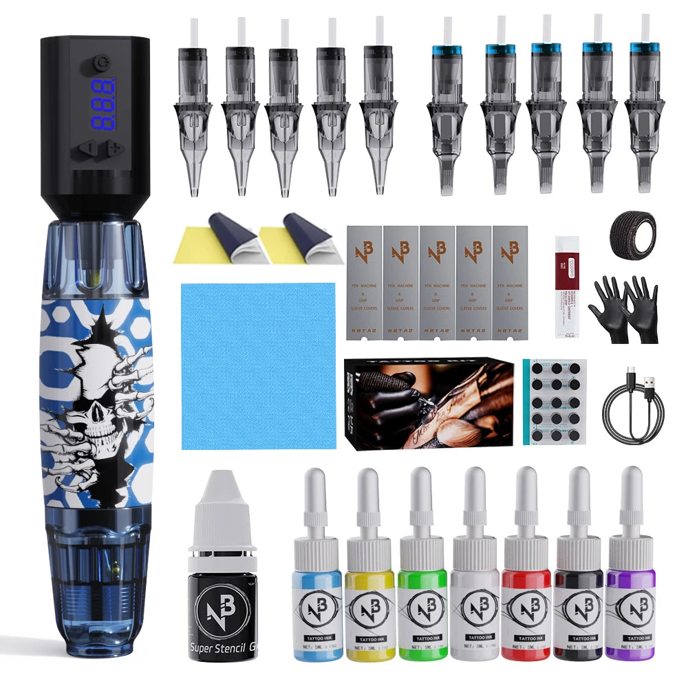Wireless Tattoo Pen Kit, Wireless Tattoo Machine, Includes 10 Tattoo Needles and 2 Disposable Cap Tattoo Ink Cups, Tattoo Pen Machine Pen Holder, Transfer Paper and Other Tattoo Supplies, Suitable for Tattoo Beginners and Tat