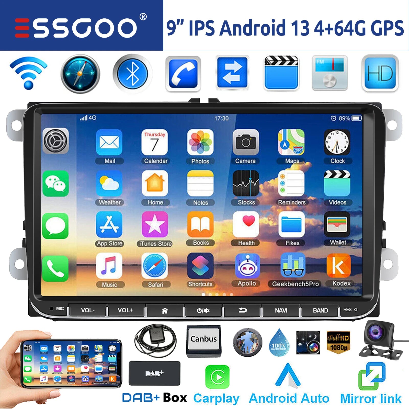 9" Android 14 4G+64G Wireless Carplay Car Stereo GPS NAVI WIFI RDS FM BT EQ for VW Golf 5 6 Passat Polo Touran Tiguan Caddy EOS