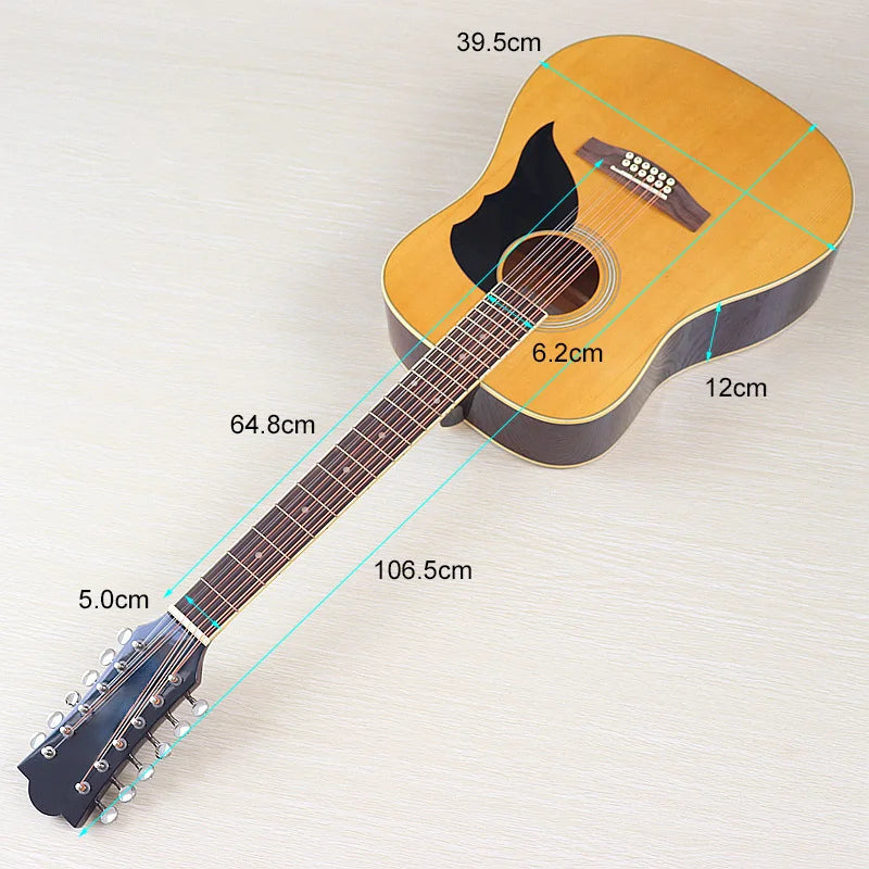 Guitarra Acústica de 12 Cuerdas 41" | Madera Spruce | Diseño Folk | Negro y Natural 🎸