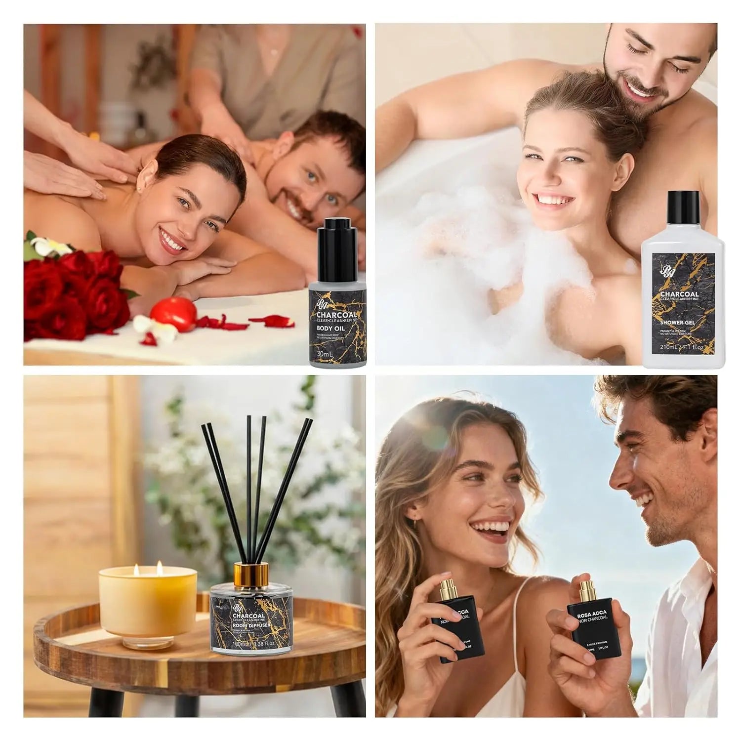35 Pcs Valentines Day Gift Basket for Women & Men, Charcoal Bath & Body Kit with Diffuser, Shower Gel, Massage Oil