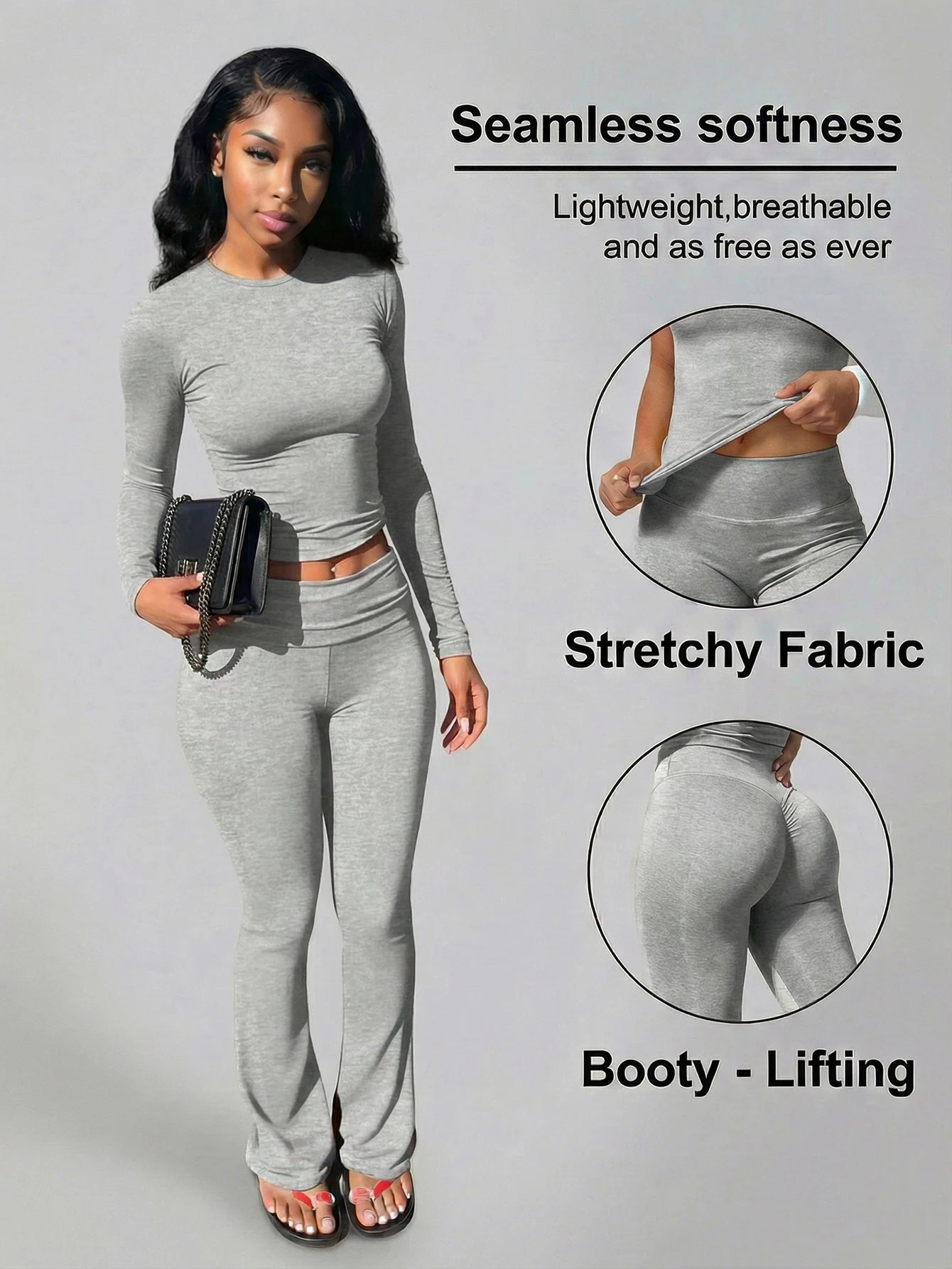 Women's solid color long-sleeve round-neck T-shirt and flare pants casual two-piece set, sportswear set, fitness set