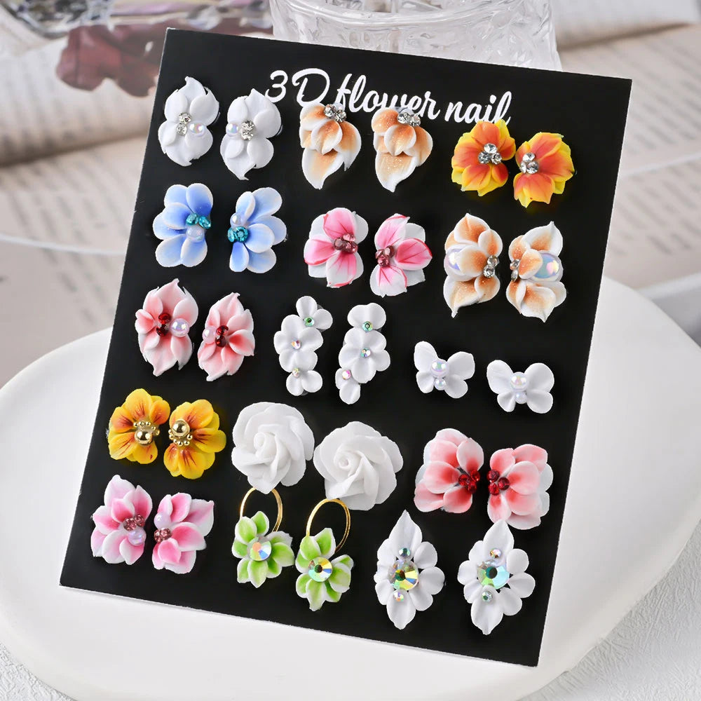 5/30Pcs 3D Handmade Nail Acrylic Flower Rhinestone Side Floret with Pearl Diamond Nail Art Decorations Carving Flower Nail Charm