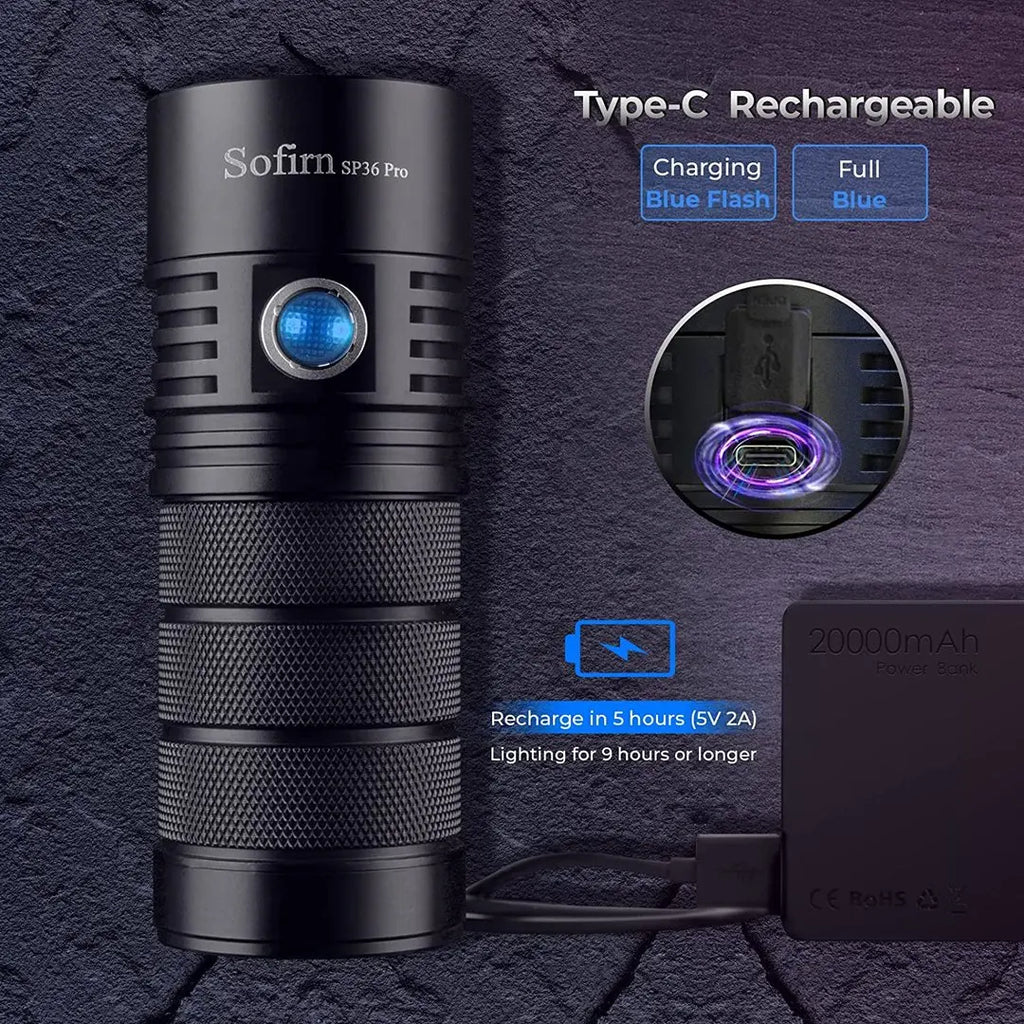 Linterna LED Sofirn SP36 Pro 8000lm | Recargable USB-C | 4 LEDs SST40