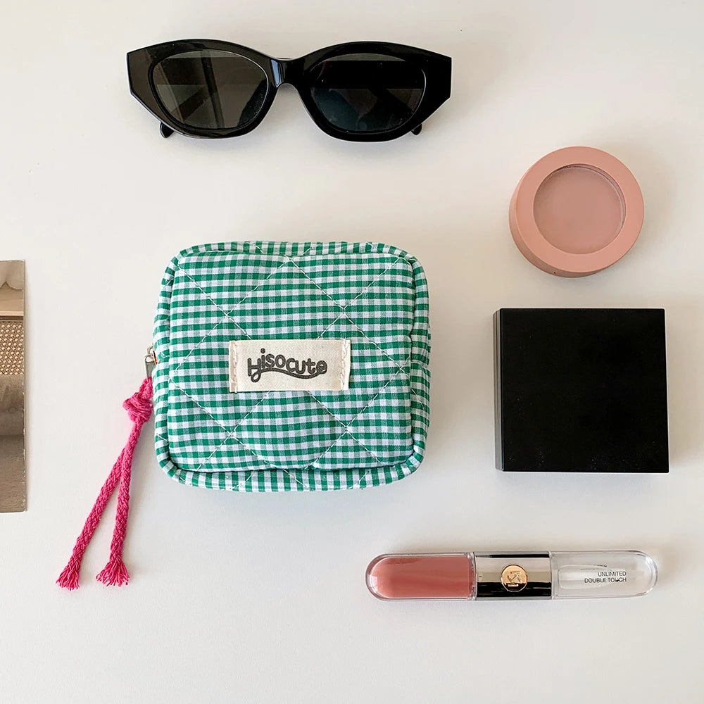 Ins Style Plaid Mini Coin Purse Portable Cosmetic Storage Bag Lady's Lipstick Bag and Card Holder Kawaii Tofu Pillow Bag