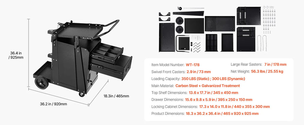 SucceBuy Welding Cart 2 Drawers Welder Cart Heavy Duty Welding Workbench Table with 360° Swivel Wheels Safety Chains Mig Welder