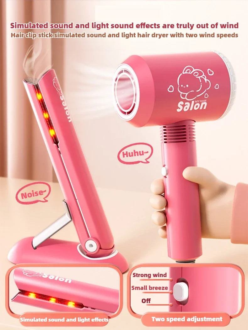 Girls Beauty Salon Set Kids Hair Beauty Makeup Set Simulation Hair Dryer Fashion Styling Tool Pretend Play House Gift Fun Game