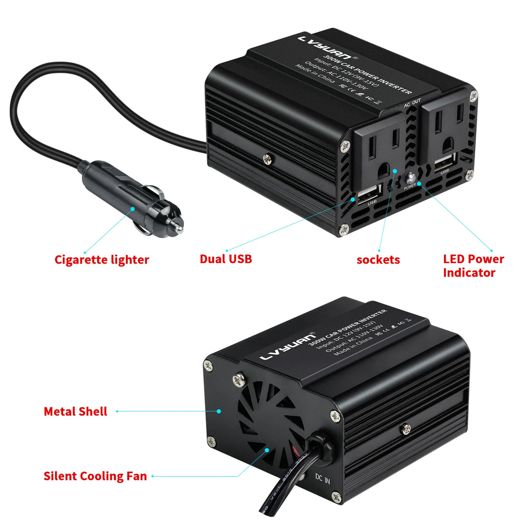 Inversor de Corriente Foval 300W | DC 12V a AC 110V/220V | Dual USB | Cargador Coche | Enchufe EU/US - Firu Total Sales