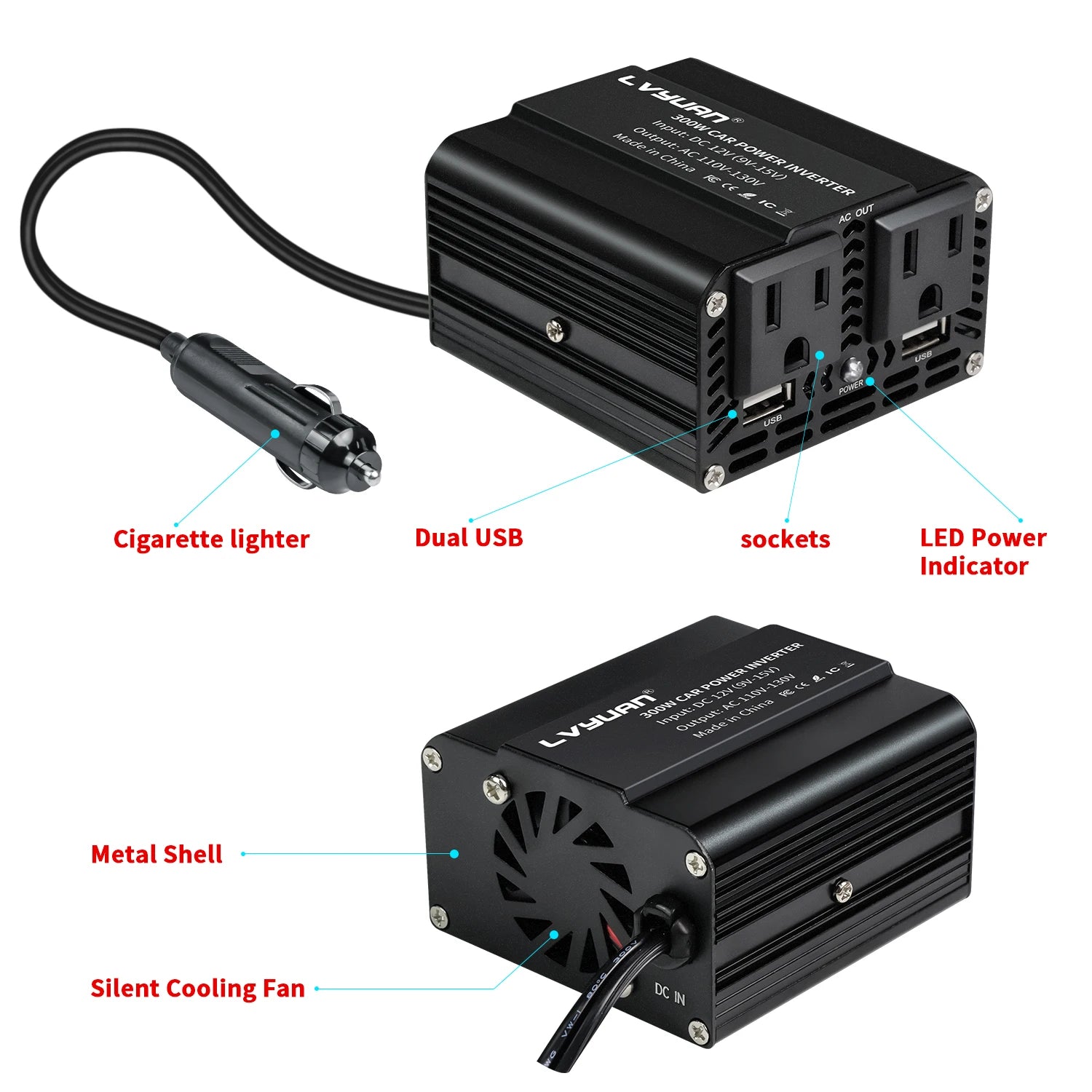 Inversor de Corriente Foval 300W | DC 12V a AC 110V/220V | Dual USB | Cargador Coche | Enchufe EU/US - Firu Total Sales
