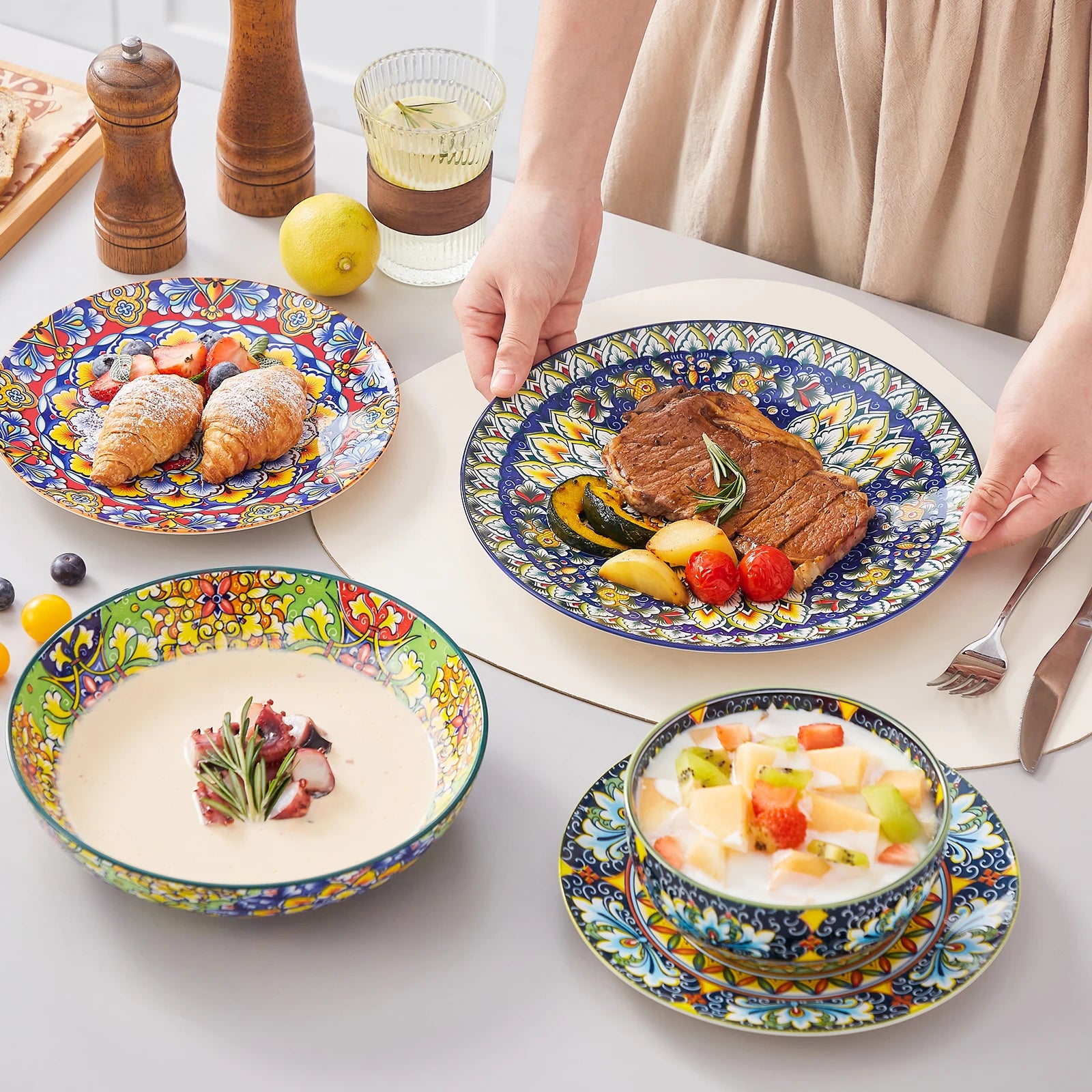 vancasso 24 Piece Dinnerware Sets Bohemian Style Porcelain Ceramic Plates Set with 6PCS Dinner Plate/Dessert Plate/Soup/Bowl