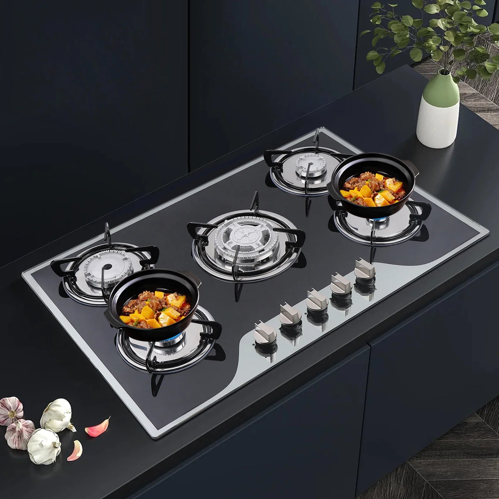 5 Burner Built-In Gas Stove Cast Iron Gas Hob Burner Cooker LPG NG  Dual Fuel Stainless Steel  Gas Hob Cooktop