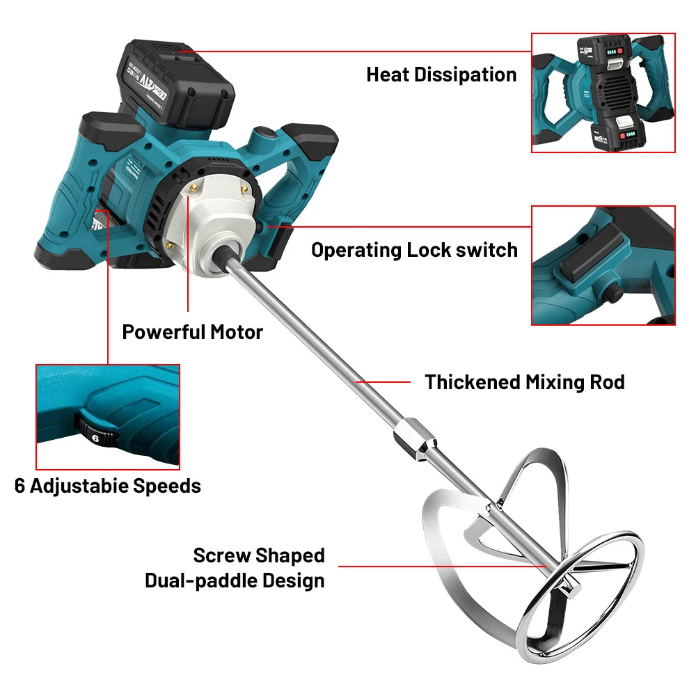 6 Speed Brushless Electric Concrete Mixer Paddle Mix Cordless Cement Mortar Plaster Blender Paint Mix Rod For makita 18v battery