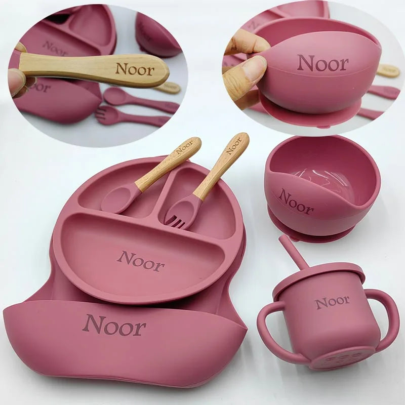 Set 6pcs Vajilla de Silicona para Bebé | Bol, Plato, Cuchara, Tenedor, Babero y Vaso 🍼