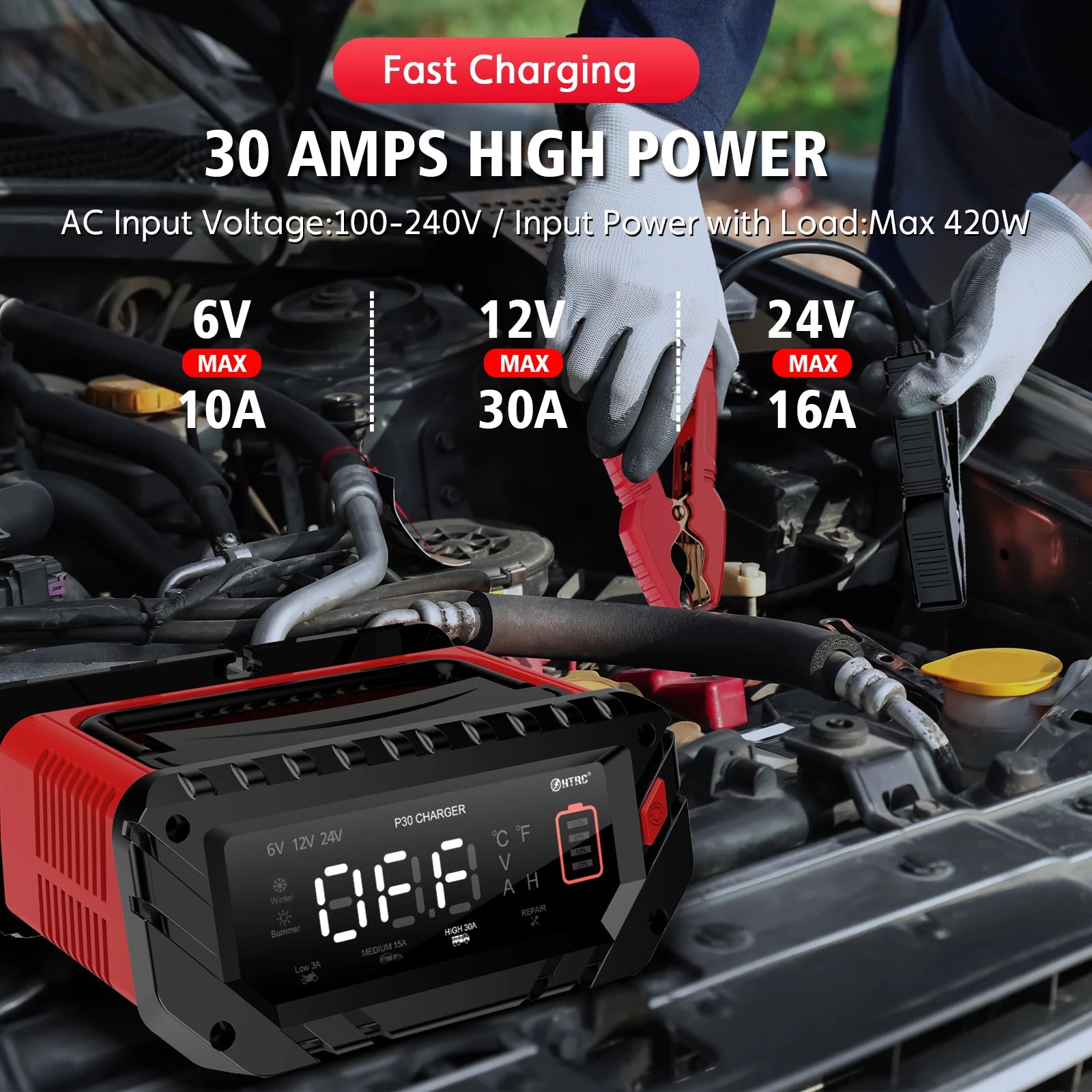 Cargador Inteligente de Batería de Auto 12V 30A | LCD | LiFePO4 y Ácido-Plomo 🔋