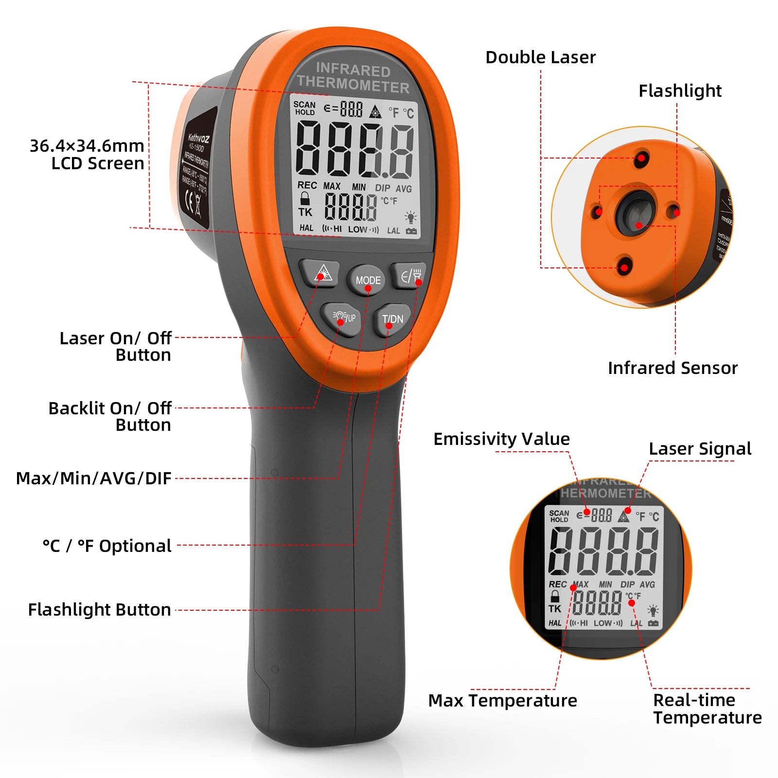 KE-1500 Digital Infrared Thermometer Gun — -50° to 1500°C | 30:1 D:S Ratio