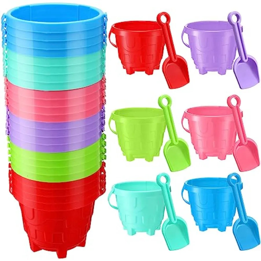 24 Pack 5.7'' Sand Buckets for Plastic Beach Pails with Shovels Summer Pool Party Favor Supplies 6 Assorted Colors