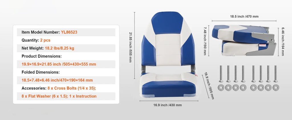 SucceBuy 21.85" High Back Boat Seat Folding Boat Chair with Thickened Sponge Padding Fold-Down Boat Captain Chairs 2-Pack