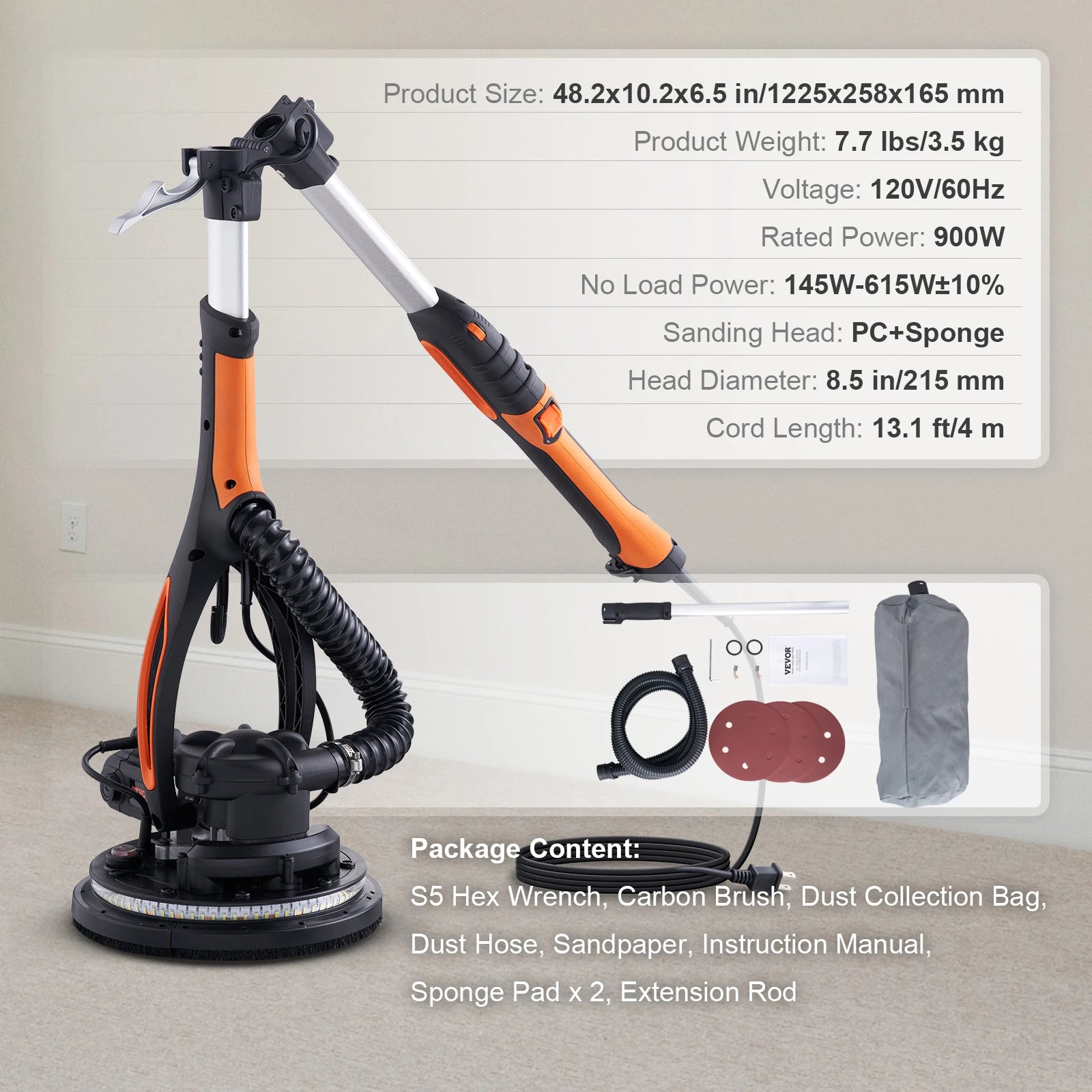 SucceBuy 900W Drywall Sander Brush Motor Electric Adjustable Variable Speed with Self-Suction Handle Wall Grinder Sander Machine