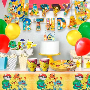 Pokemon Party Tableware,114 Pcs Pokemon Birthday Party Decorations- Pikachu Tablecloth Banner Plates etc Pokemon Party Supplies
