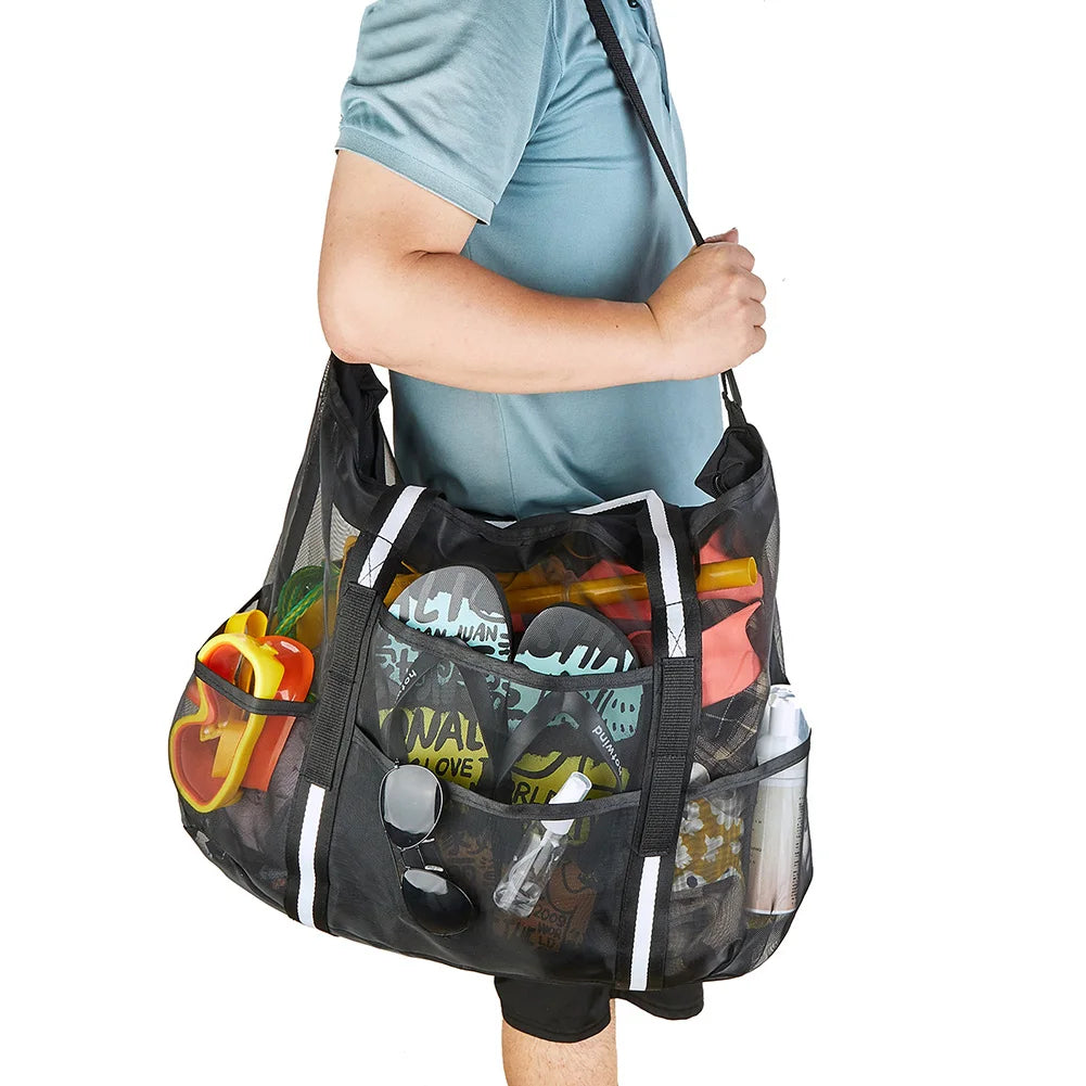 Mesh Swimming Bag Sandproof Bottom Foldable Summer Pool Bag 8 Pockets Beach Handbag Zipper Towel Storage for Travel Vacation