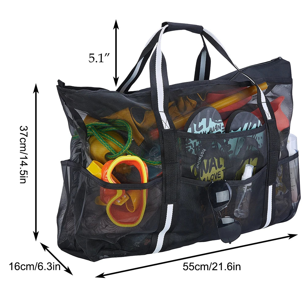 Mesh Swimming Bag Sandproof Bottom Foldable Summer Pool Bag 8 Pockets Beach Handbag Zipper Towel Storage for Travel Vacation