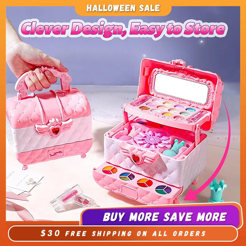 Kids Multi-Layer Foldable Makeup Set - Pretend Play Cosmetic Kit for Girls, Educational and Learning Toy with Storage Box - Firu Total Sales