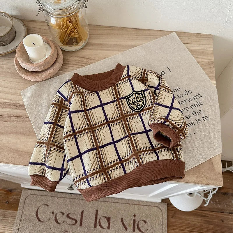 2025 New Children's Fce Lined Knitted Hoodie round Ne Base Layer irt for Boys And Girls Warm Autumn Winter Sweatirt