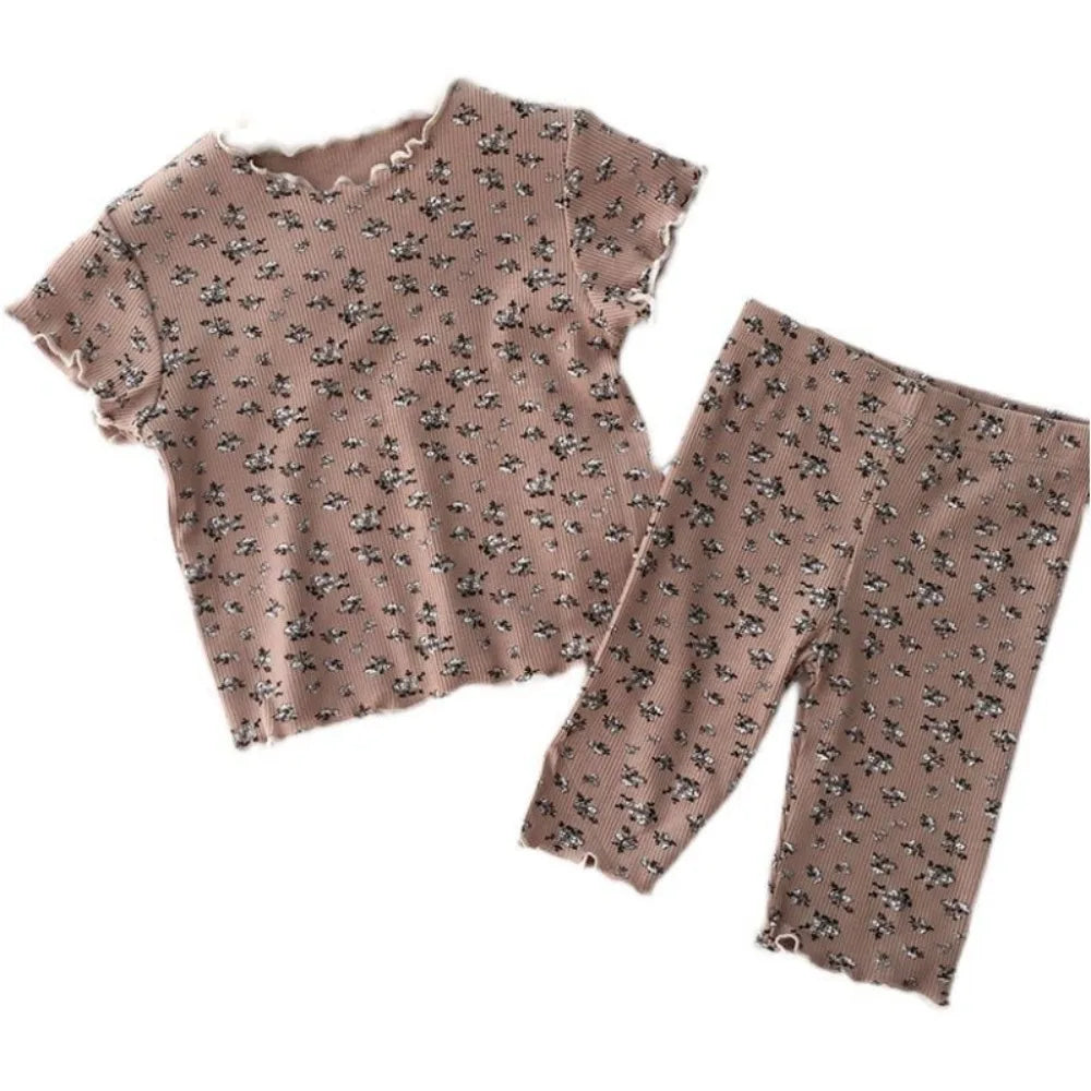 Bear Leader Summer Fashion New Short Sleeve Round Neck Flower Printed T-shirt Top+Pants 2 Piece Set Kids Casual Home Clothes