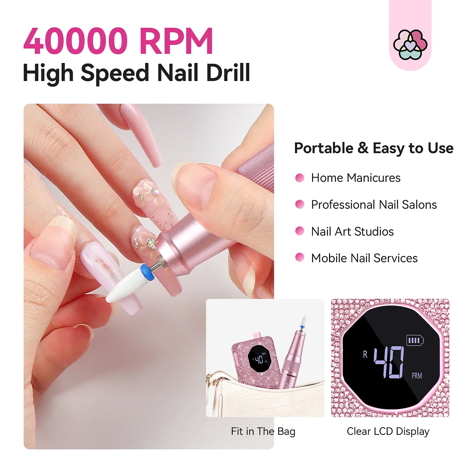 SAVILAND 40000RPM Professional Electric Nail Drill Machine Kit Rechargeable 4000mAh Electric Nail File for Thick Acrylic Nails - Firu Total Sales
