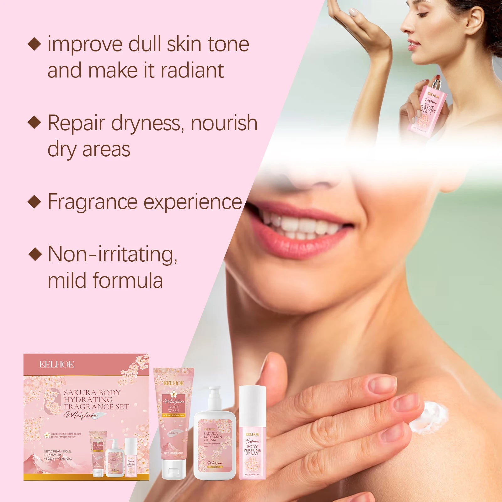 EELHOE Sakura Flower Body Skin Care Set Lasting Moisturizer Body Lotion for Brightening Skin Lightening Shower Gel Perfume Spray